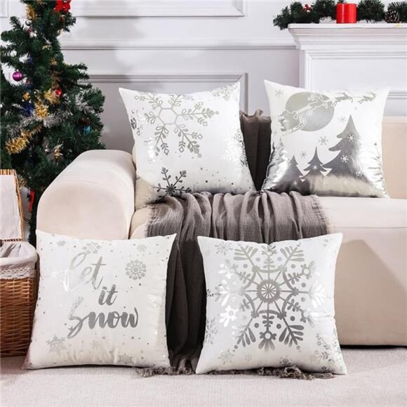 Set of 4, Christmas Decorations Silver and White Christmas Pillow Covers 18x18" - Picture 4 of 9